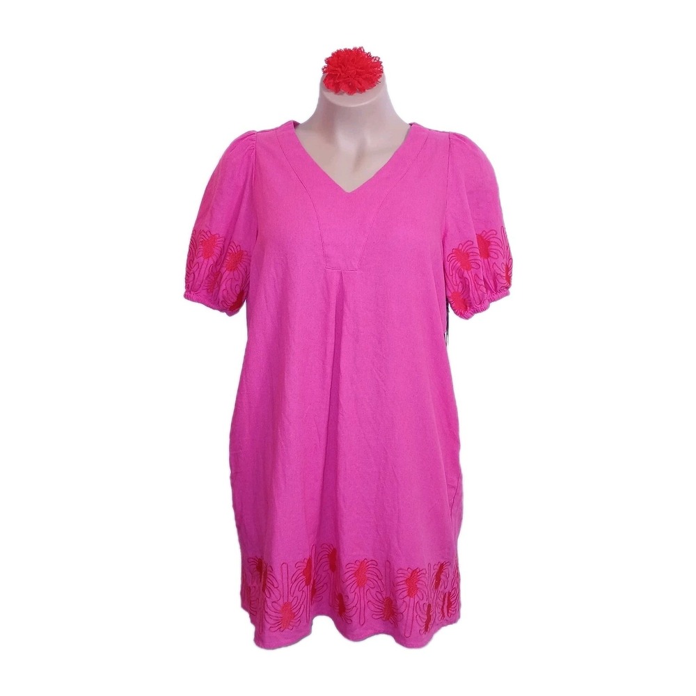 For Cynthia Linen Blend Shift Dress L Pink Women Embroidered Easy Sophistication